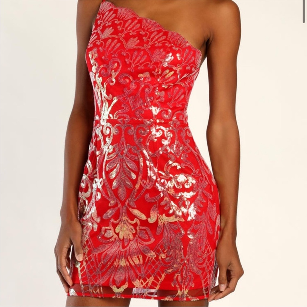 Lulu's Red and Gold One-Shoulder Dress